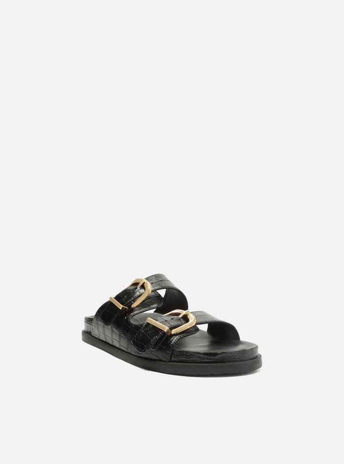 Sandália Papete Preta Croco Flatform Fivelas