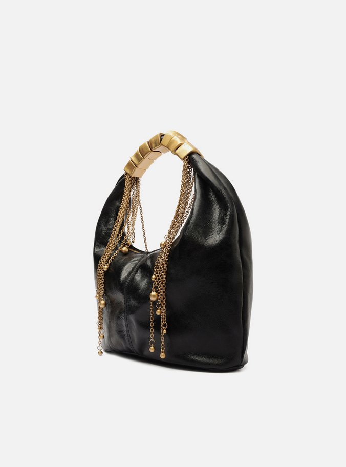 Bolsa Tiracolo Preta Couro Média Alça Metais