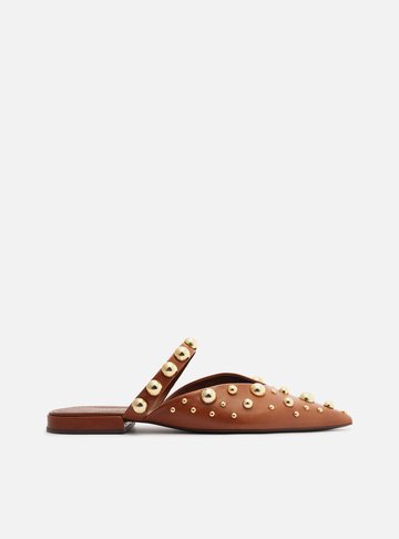 Mule Marrom Couro Bico Fino Studs