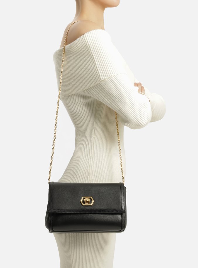 Bolsa Tiracolo Preta Couro Média Encaixe Metal