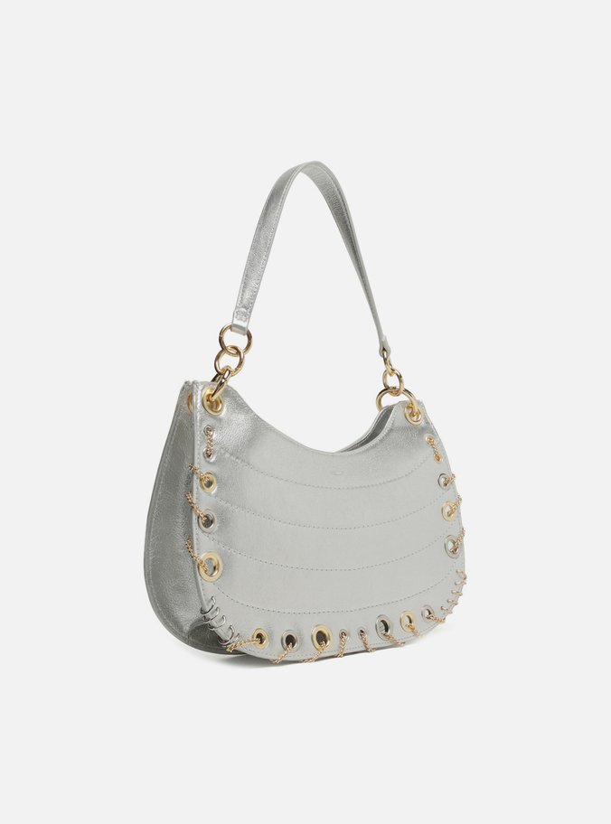 Bolsa Hobo Prata Couro Média Costuras Metais