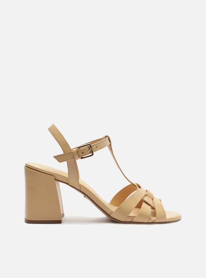 Sandália Nude Couro Salto Bloco Tiras Elo
