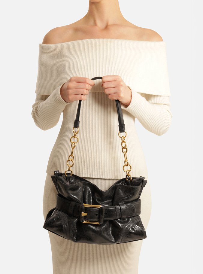 Bolsa Shoulder Preto Couro Grande Maxi Fivela