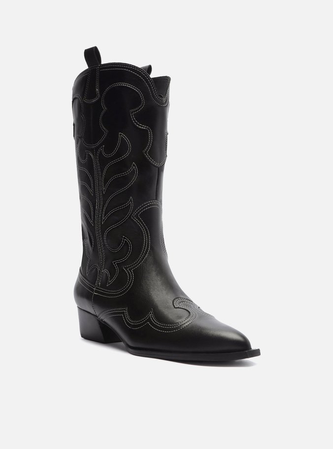 Bota Preta Couro Cano Médio Western Folk