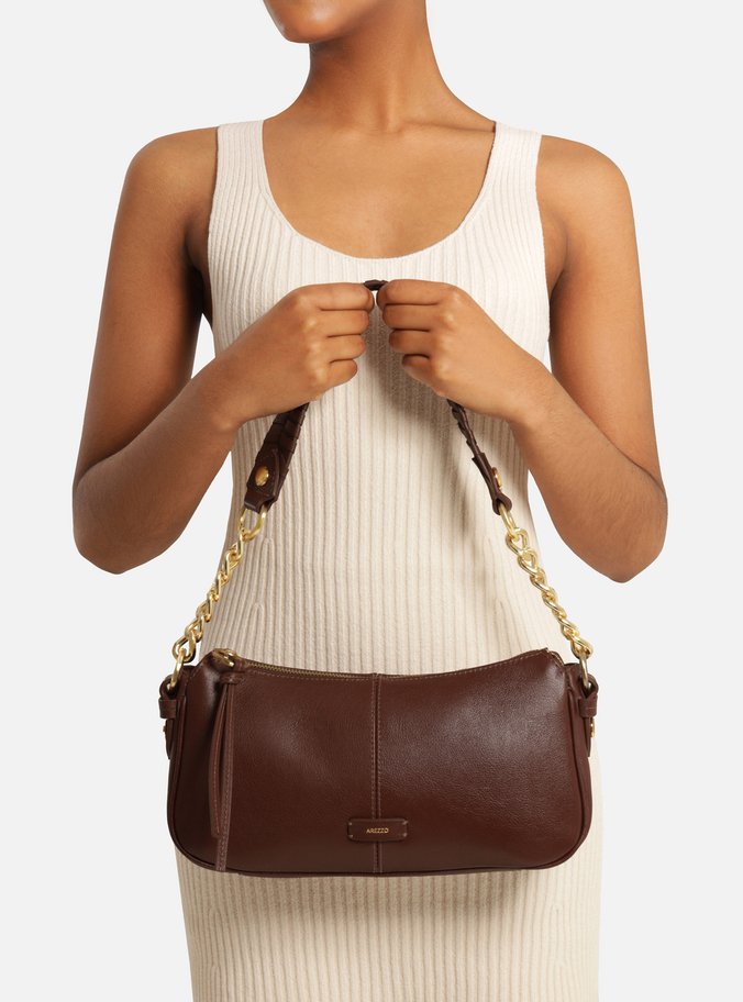 Bolsa Shoulder Marrom Couro Média Costura Corrente
