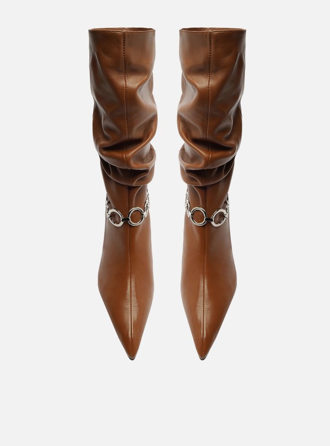 Bota Marrom Couro Salto Fino Slouchy Metais