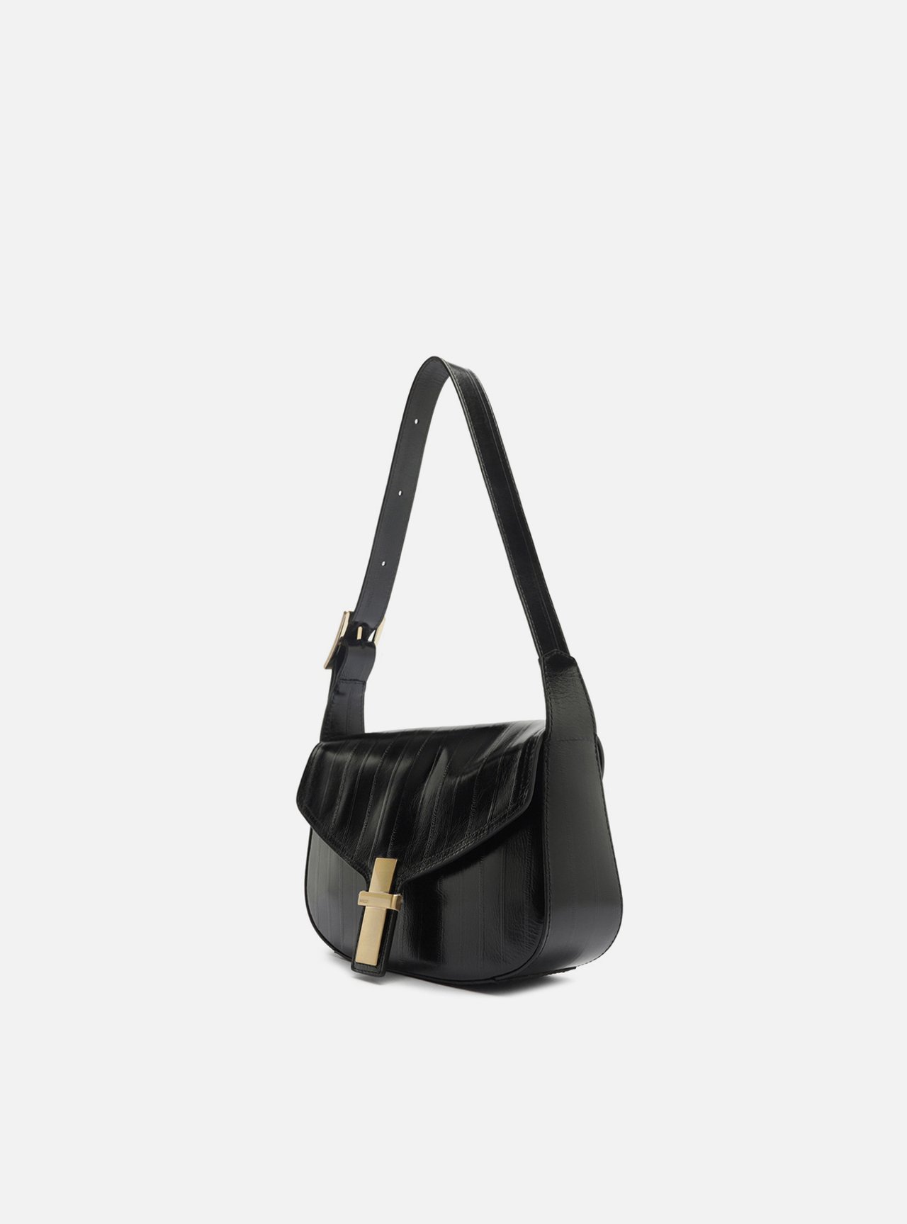 Bolsa Tiracolo Preta Couro Pequena Tampo Metal — foto 2