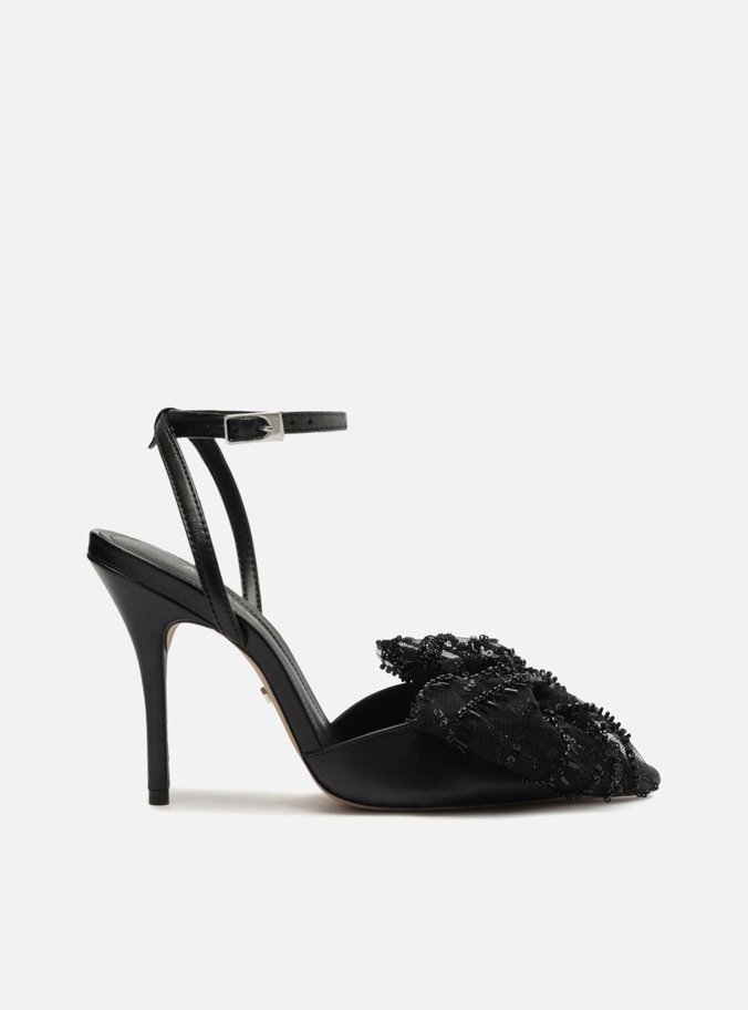 Scarpin Preto Couro Salto Alto Laço Paetês