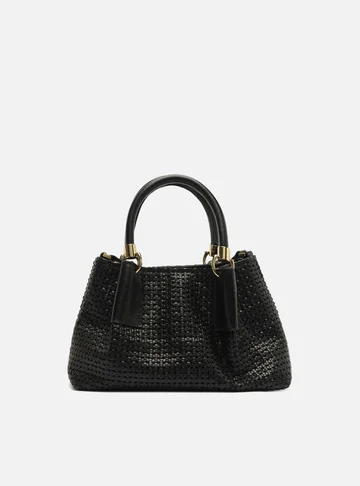 Arezzo — Bolsa Tote Preta Couro Tramada Média