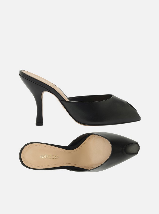 Mule Peep Toe Preta Couro Salto Alto
