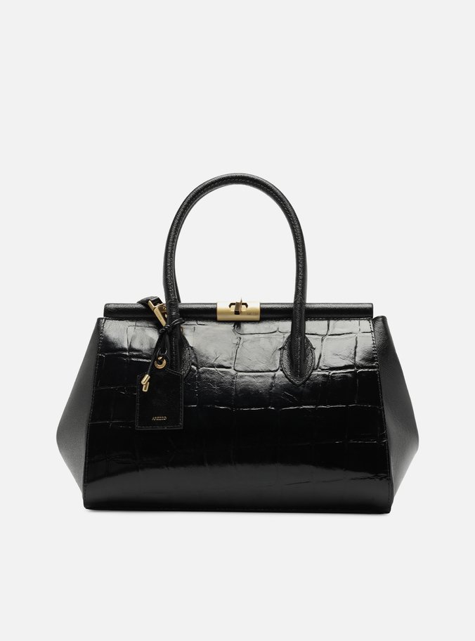 Bolsa Tote Preta Couro Maxi Croco Grande