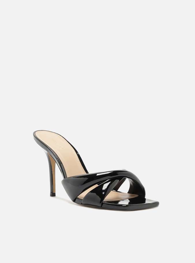 Mule Preta Salto Alto Tiras Maxi