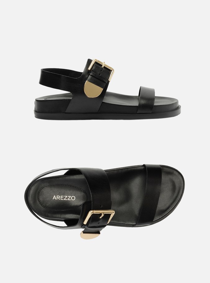 Sandália Rasteira Preta Couro Maxi Fivela
