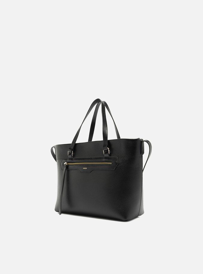 Bolsa Tote Preta Couro Média Bolso Frontal