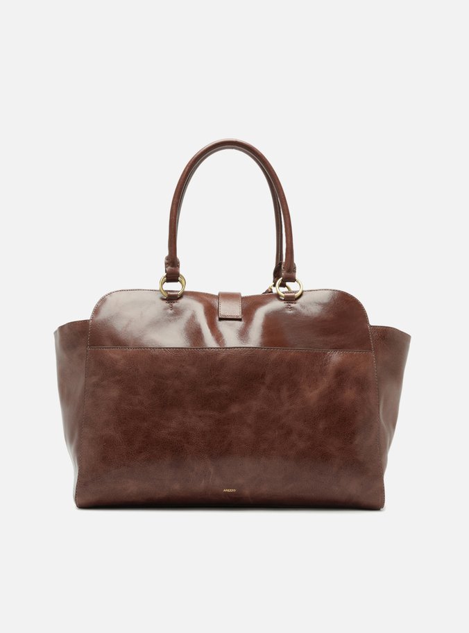 Bolsa Tote Marrom Couro Estonado Grande Metal