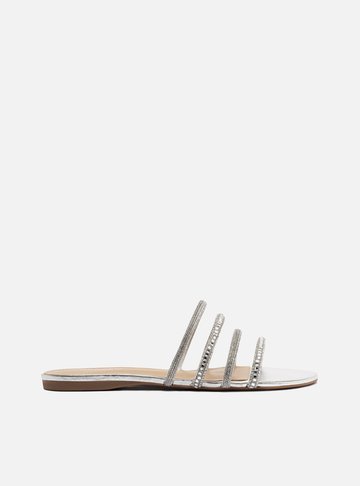 Rasteira Slide Prata Strass Tiras Finas