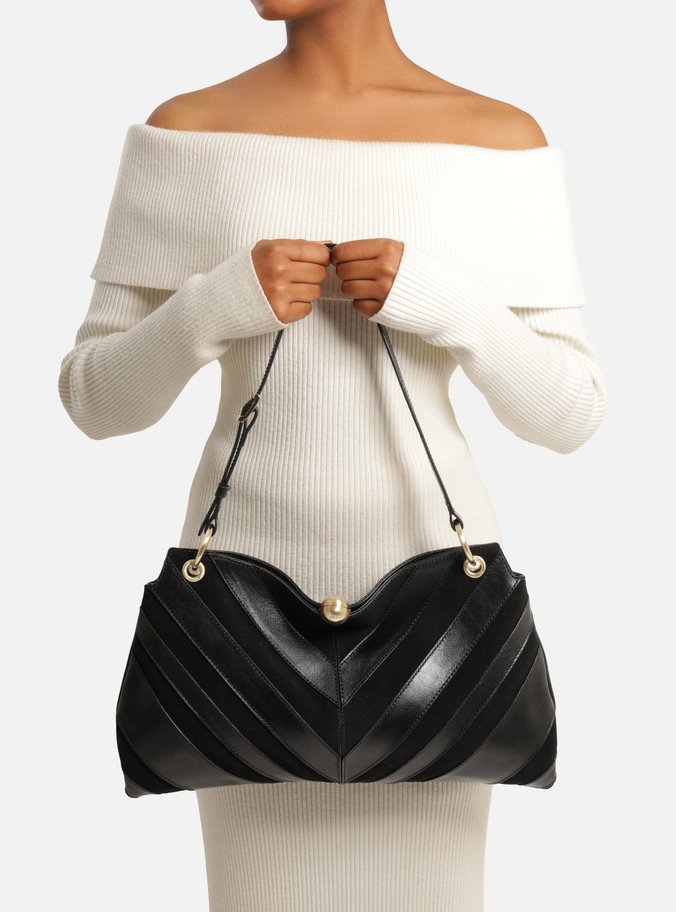 Bolsa Shoulder Preta Couro Camurça Grande Esfera