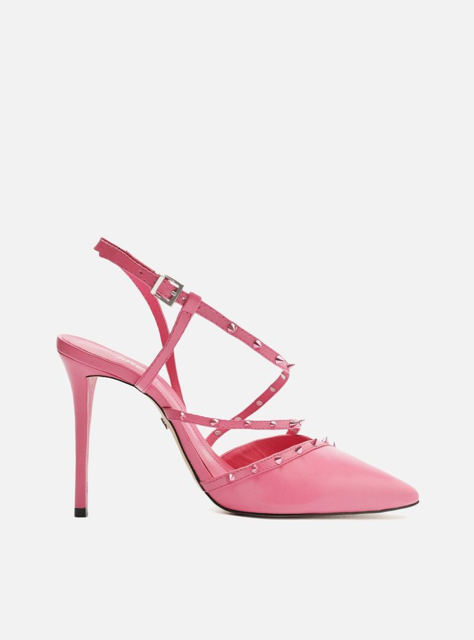 Scarpin Rosa Couro Bico Fino Tiras Spikes