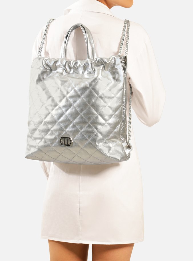 Mochila Prata Couro Charlotte Grande