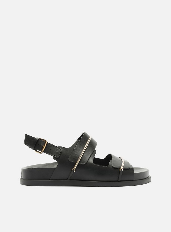 Sandália Papete Preta Flatform Metais Dourados
