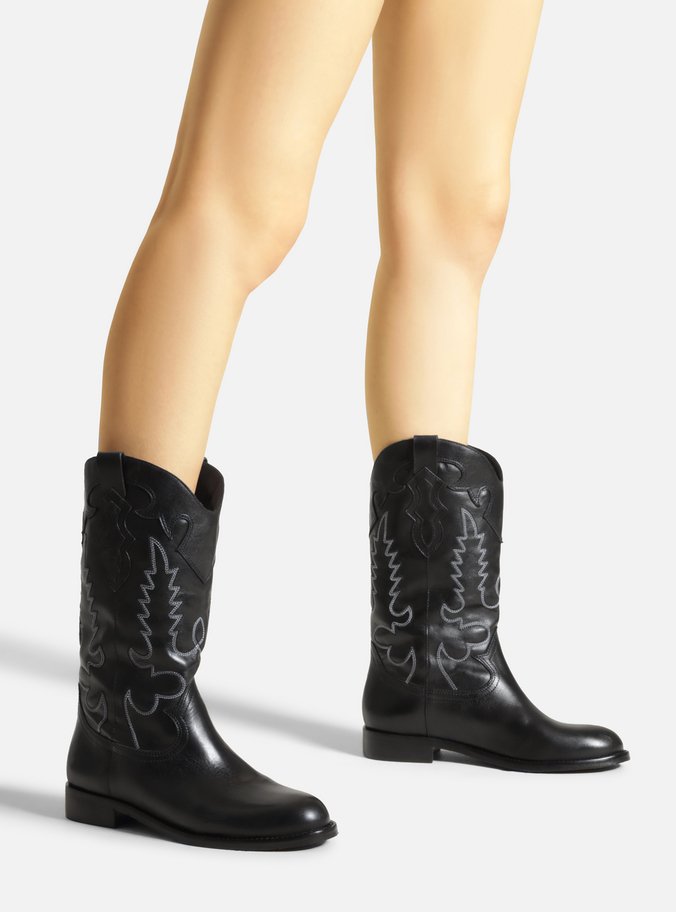 Bota Preta Couro Cano Longo Bordado Western