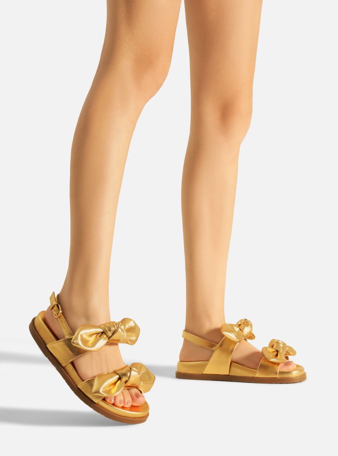 Sandália Rasteira Dourada Couro Flatform Laços