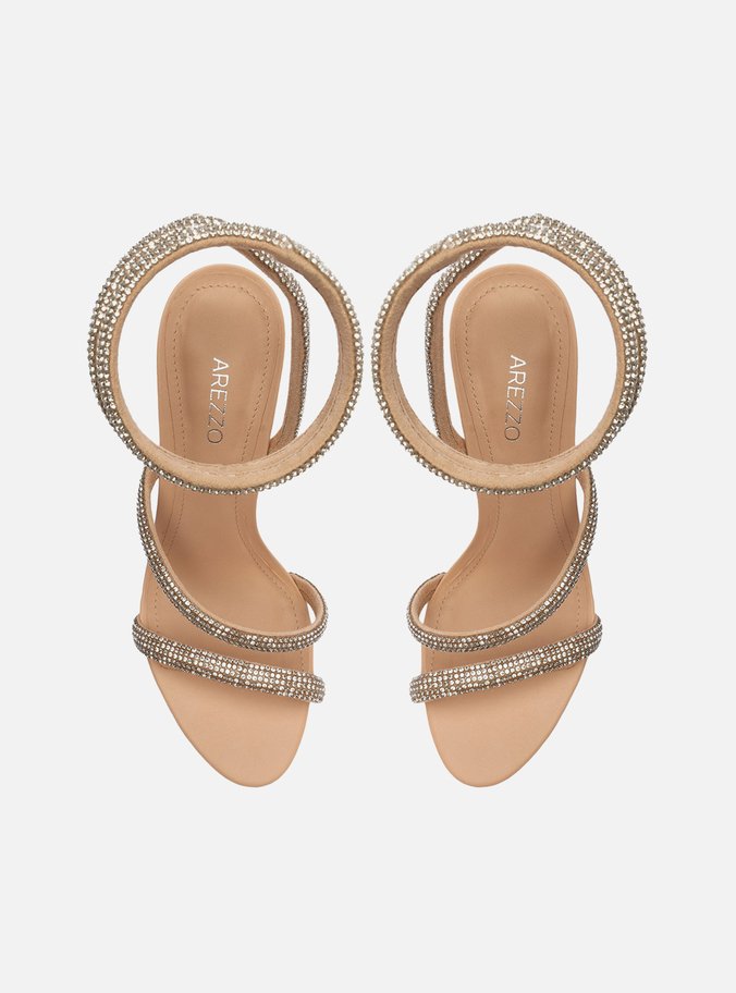 Sandália Bege Salto Fino Espiral Strass Glam