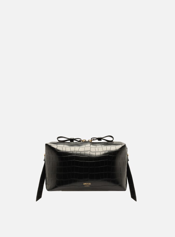 Bolsa Tiracolo Preta Pequena Croco Placa Dourada