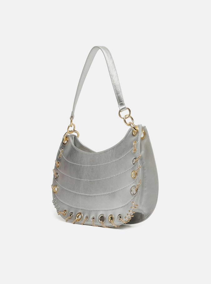 Bolsa Hobo Prata Couro Média Costuras Metais