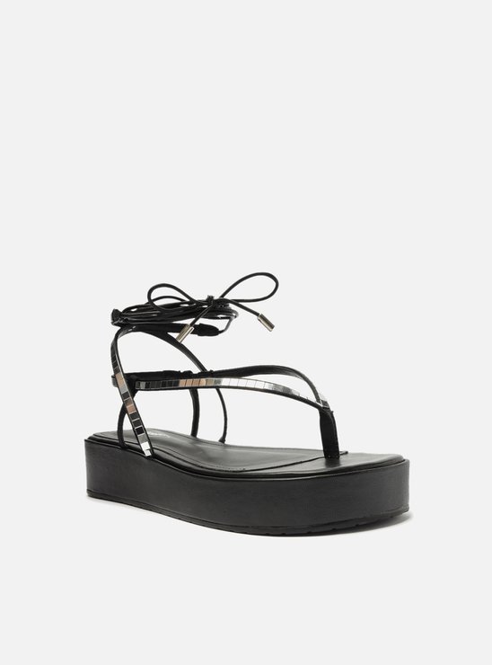 Sandália Preta Flatform Amarração Brilho