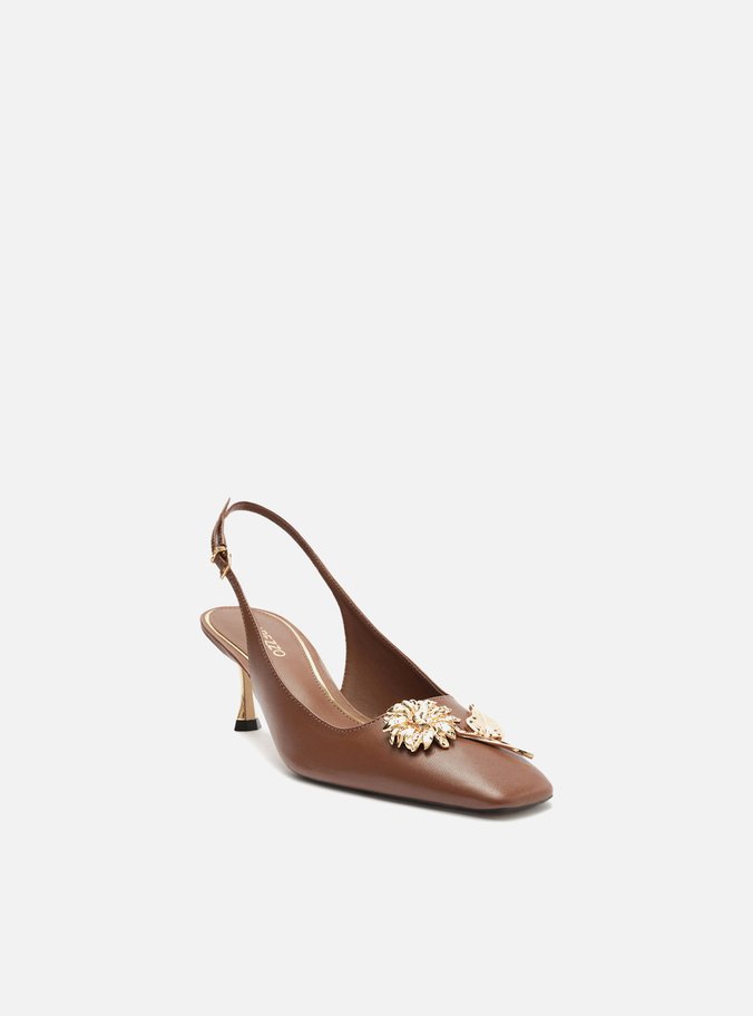 Scarpin Marrom Couro Bico Quadrado Slingback Flor