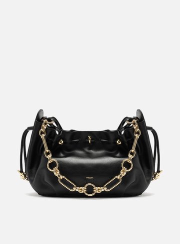 Bolsa Shoulder Preta Couro Grande Corrente