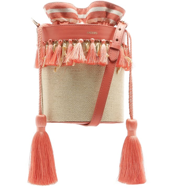 Bolsa Bucket Tecido Rústico Lilian Pequena Natural e Coralina
