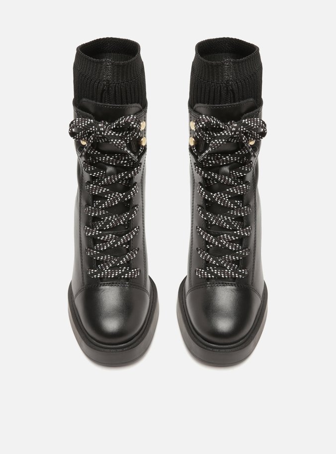 Bota Preta Couro Cano Curto Amarração Knit