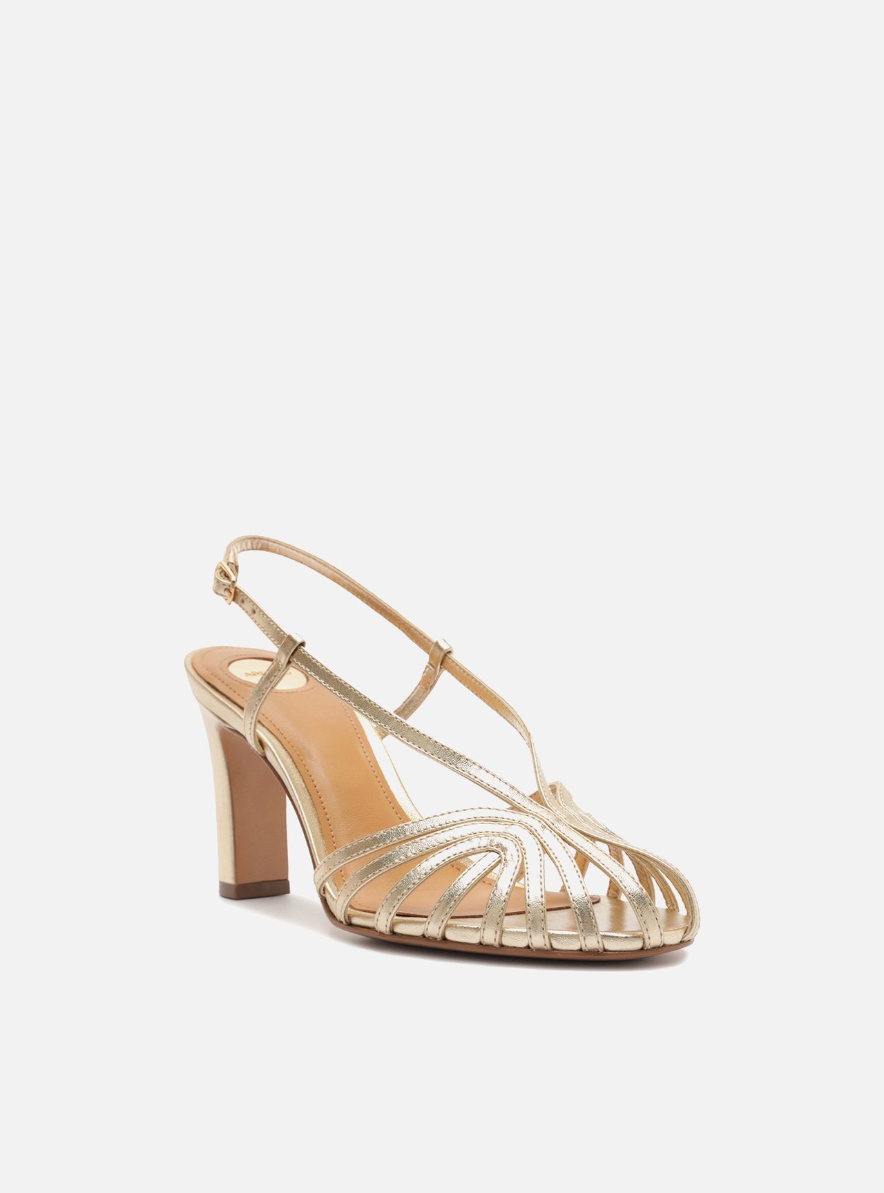 Sandália Dourada Couro Salto Bloco Tiras Slingback — foto 2