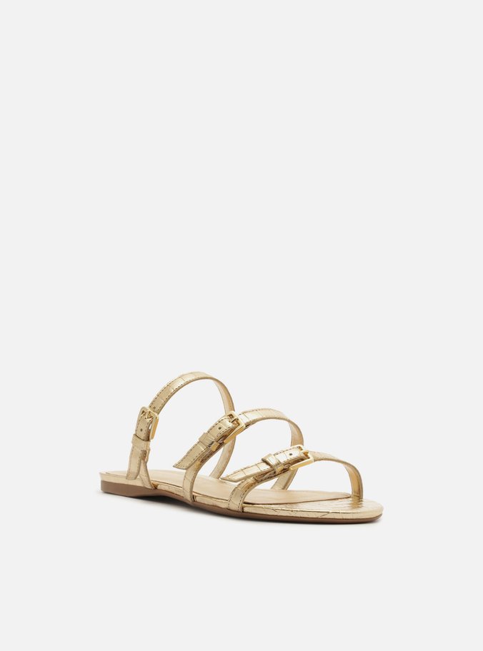 Rasteira Dourada Croco Tiras Fivelas