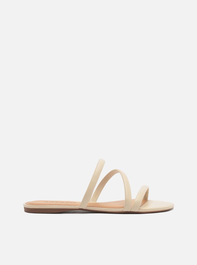 Sandália Rasteira Off-White Bico Redondo Tiras