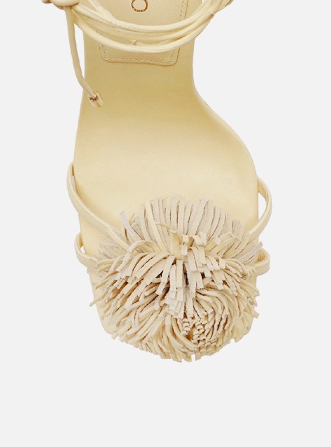 Sandália Amarela Salto Fino Amarração Pompom