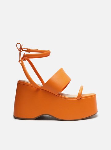 Sandália Laranja Couro Plataforma Tiras Amarração