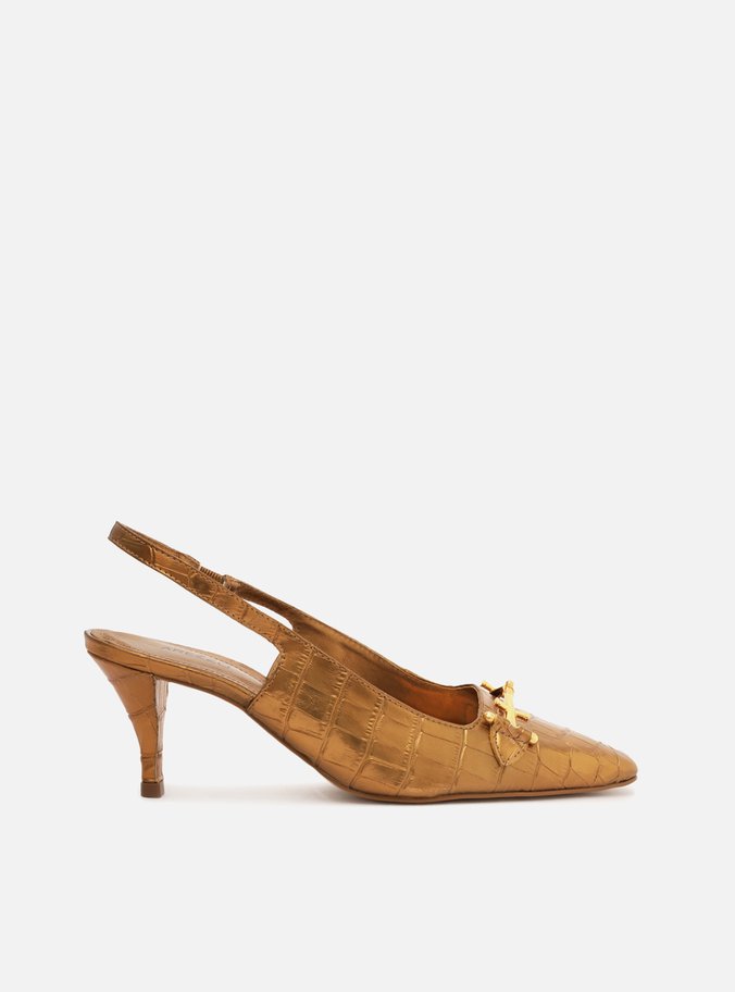 Scarpin Dourado Croco Bico Fino Slingback Bridão