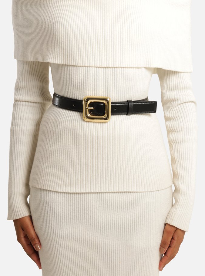 Cinto Preto Couro Médio Maxi Fivela Quadrada