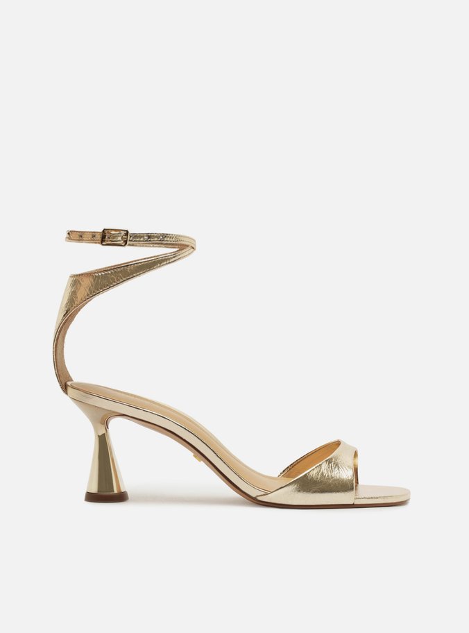 Sandália Dourada Couro Salto Baixo Taça Tiras