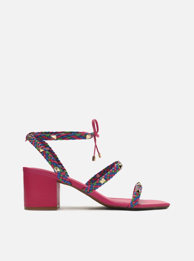 Sandália Rosa Salto Bloco Trançada Spikes