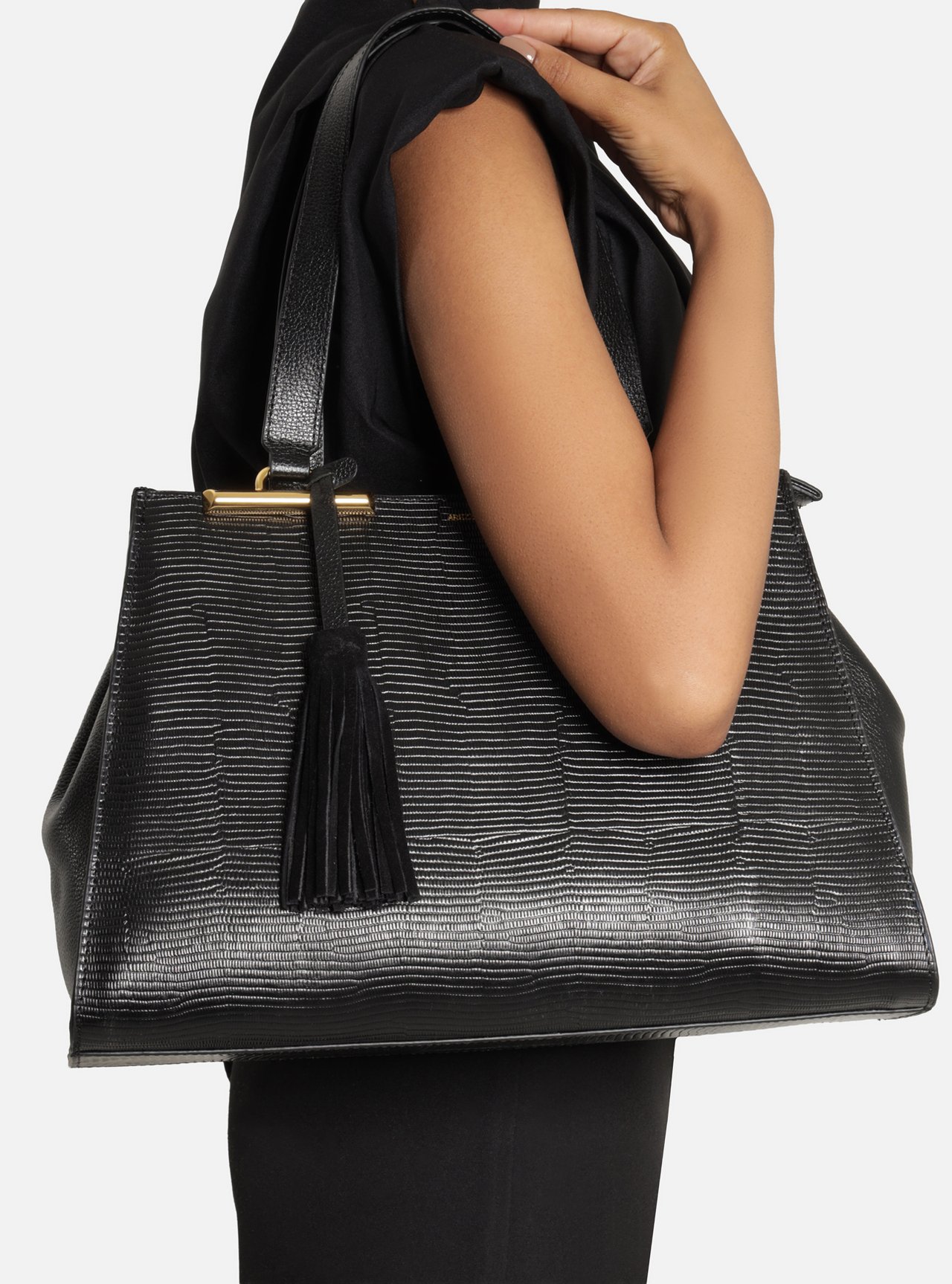 Bolsa Shopping Preta Couro Grande Croco Franja — foto 6