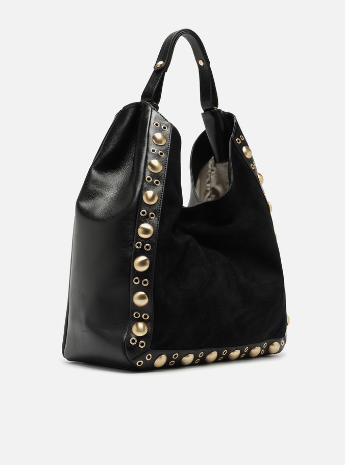 Bolsa Hobo Preta Couro Camurça Grande Metais