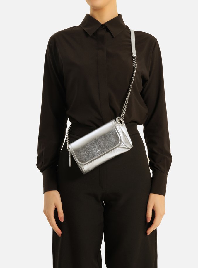 Bolsa Tiracolo Prata Couro Shine Pequena