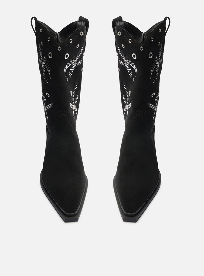 Bota Preta Acamurçada Cano Longo Bordada Western
