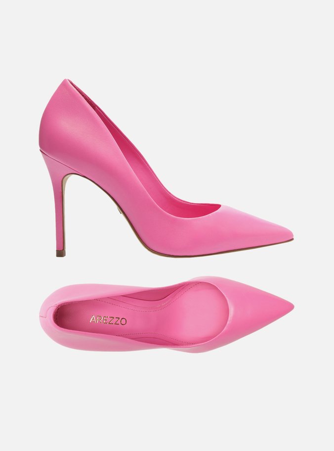 Scarpin Rosa Couro Salto Alto Bico Fino