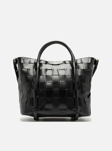 Bolsa Tote Preta Couro Grande Tressê Geométrico