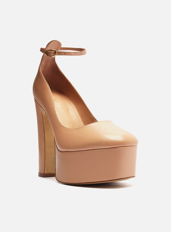 Scarpin Nude Couro Meia Pata Bloco